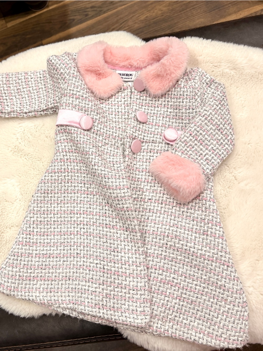 Blueberi Boulevard Pink & White Tweed Girls Coat with Faux Fur Trim